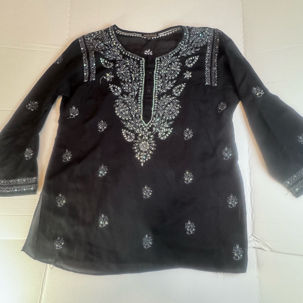 Sam Hilu Black Embroidered Tunic Top Boho India Cotton Medium - Picture 6 of 10